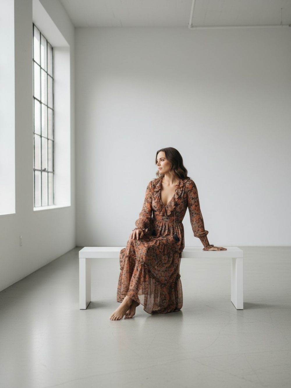 Anthroplogie Bohemian Long Sleeve Floral Maxi Dress in Rust